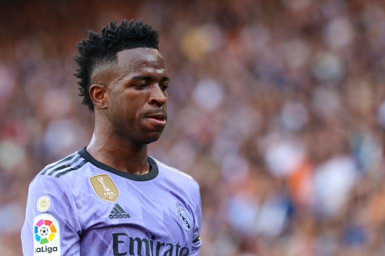 Real Madrid's Vinicius Junior reacts during a Spanish La Liga soccer match