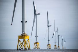 wind turbines at the Seagreen Offshore Wind Farm, under construction around 27km from the coast of Montrose, Angus in the North Sea