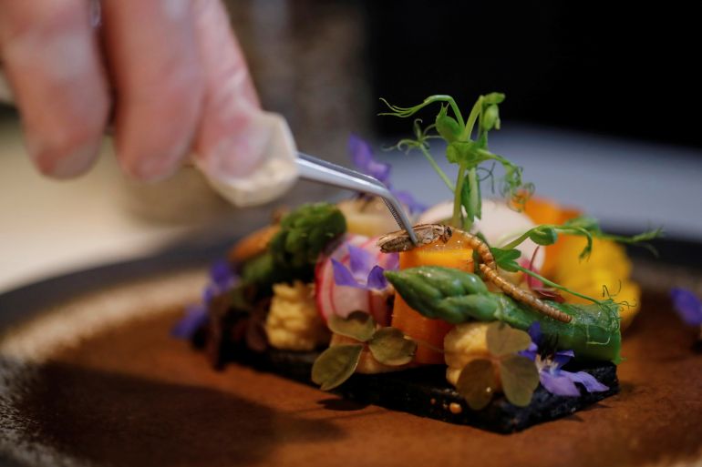 French chef Laurent Veyet puts a cricket on a dish in his restaurant Inoveat serving insect-based food in Paris, France,