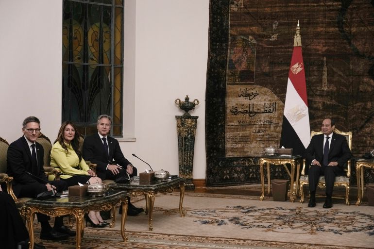 Egyptian President Abdel-Fattah el-Sissi, right, meets US Secretary of State Antony Blinken, third left, at the Presidential Palace in Cairo, Egypt, Monday, June 10, 2024. (AP Photo/Amr Nabil, Pool)