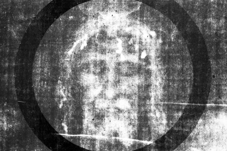 Close-up of an enlarged reproduction of the Shroud of Turin (Sacra Sindone) in the Cathedral of Turin, Turin, Italy, September 1, 1978.