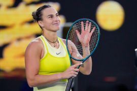 Aryna Sabalenka of Belarus reacts.