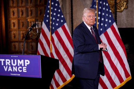 U.S. President-elect Donald Trump looks on, on the day he makes remarks at Mar-a-Lago in Palm Beach, Florida, U.S. January 7, 2025. REUTERS/Carlos Barria