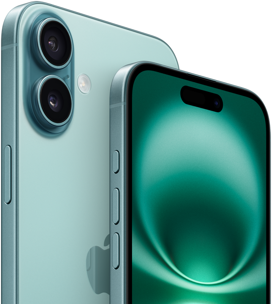 iPhone 16 Plus and iPhone 16, Action button, volume buttons, Side button, and Camera Control, front exterior all-screen design, Dynamic Island centred near top, back exterior, Teal finish, raised Advanced dual-camera system in top left corner, Apple logo in centre