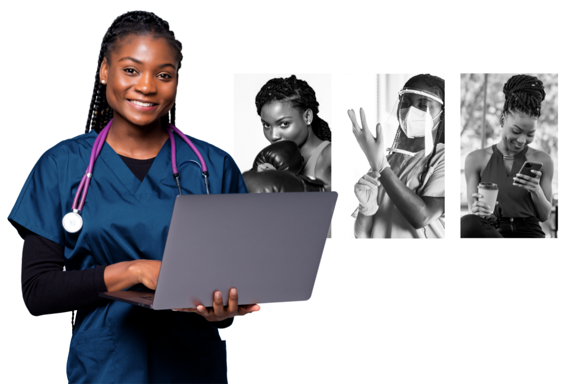 A physician wearing medical scrubs, holding a laptop while smiling.