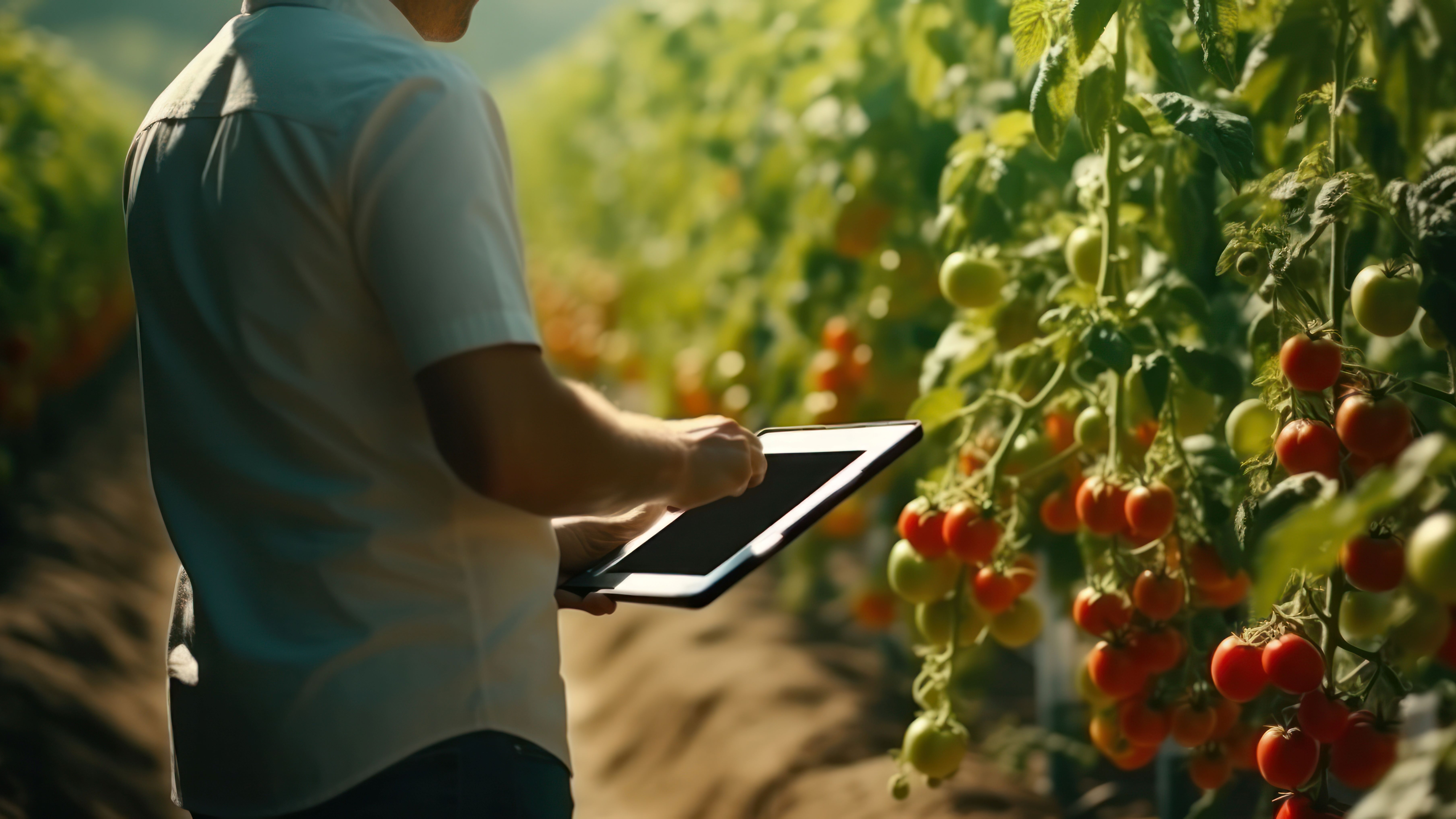 Man looking at a computer tablet next to tomato plants