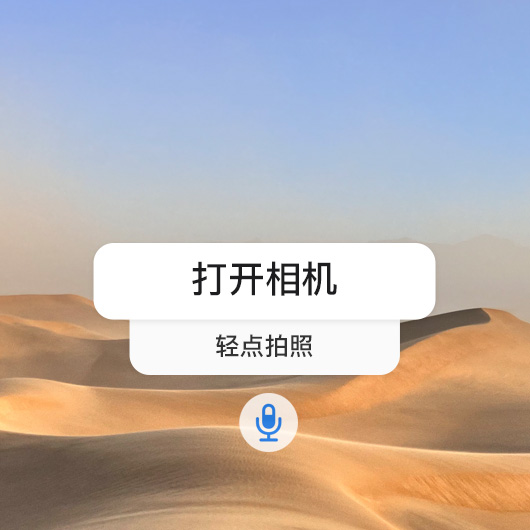 语音控制界面上依序出现“打开相机”和“轻点拍照”这两个语音指令