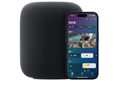 午夜色 HomePod 以及显示家庭 app 中“我的家”用户界面的 iPhone。