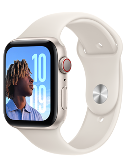 Apple Watch SE 的表款，星光色铝金属表壳搭配星光色 (白色) 运动型表带。