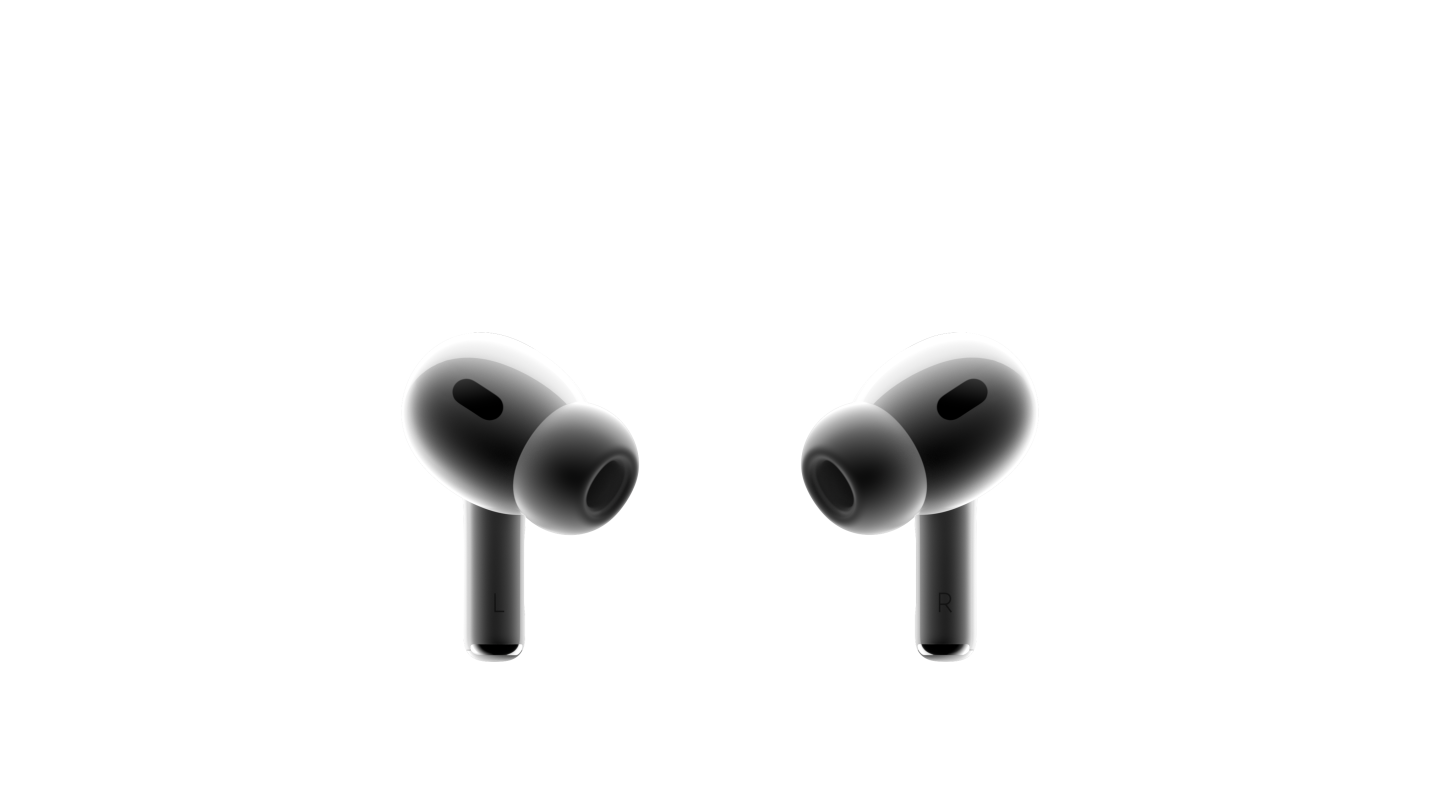 2つのホワイトのAirPods Proイヤーバッドが向かい合っている。それぞれがブラックのメッシュ部分を持つコンパクトなイヤーバッドに、シリコーン製イヤーチップが取りつけられている。