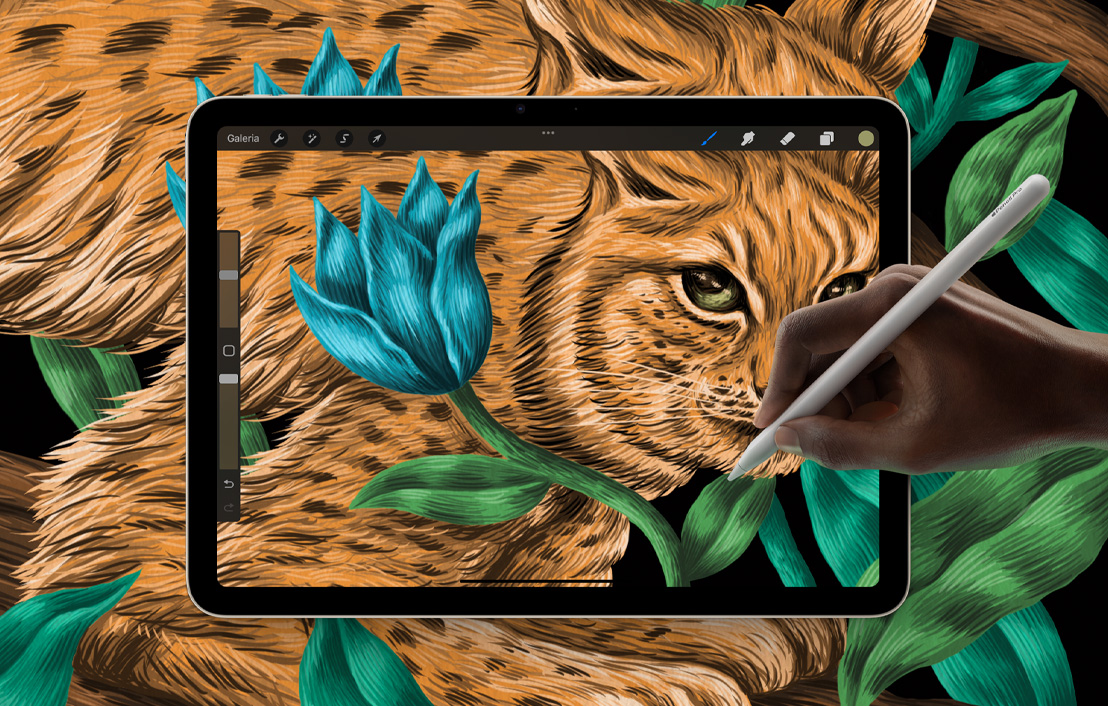 Um iPad Air mostrando um desenho no Procreate que se espalha para o plano de fundo.