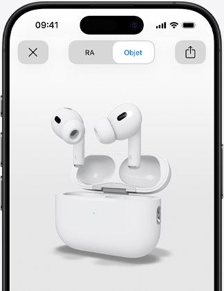 Écran d’iPhone montrant un rendu en RA des AirPods Pro.