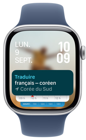 Écran d’une Apple Watch affichant le widget de l’app Traduire dans la pile intelligente.