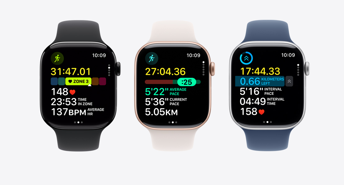 Three Apple Watch Series 10. The first shows Heart Rate Zones in a workout, the second shows Pacer and the third shows a custom workout with intervals.