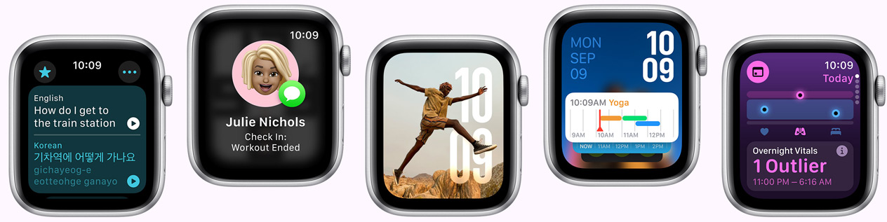 Cinq Apple Watch dont les écrans montrent l’app Traduire, l’app Accompagnement, le cadran Photos, le cadran Modulaire et l’app Signes vitaux.