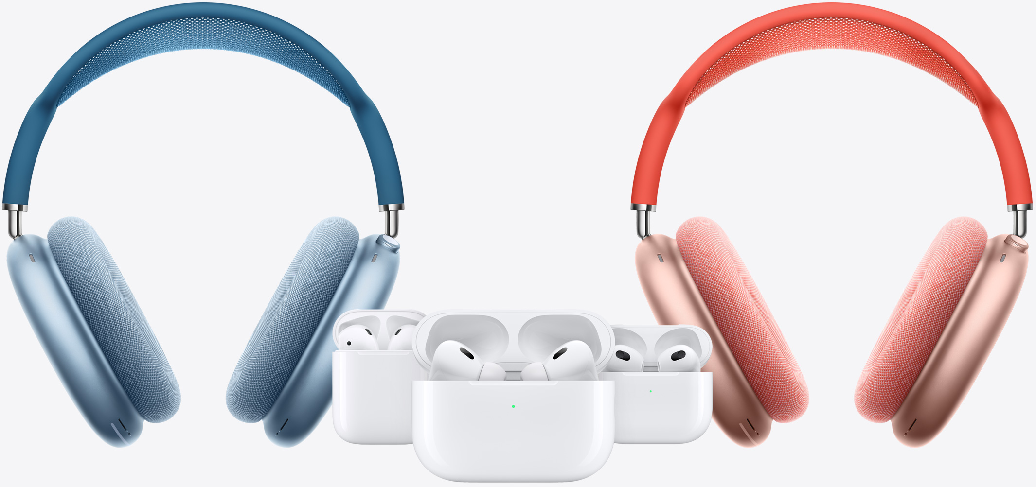 Δύο AirPods Max γύρω από AirPods 2ης γενιάς, AirPods 3ης γενιάς και AirPods Pro 2ης γενιάς.