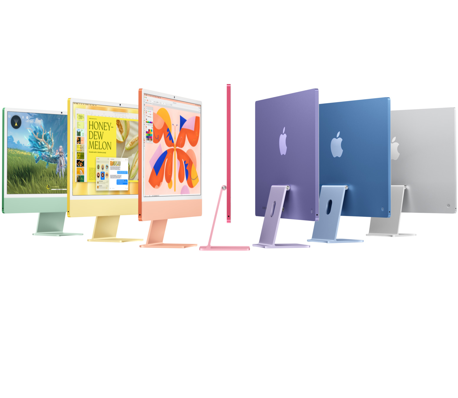 7 iMacs in different colors (Green, Yellow, Orange, Pink, Purple, Blue, Silver) in a accordion arrangement