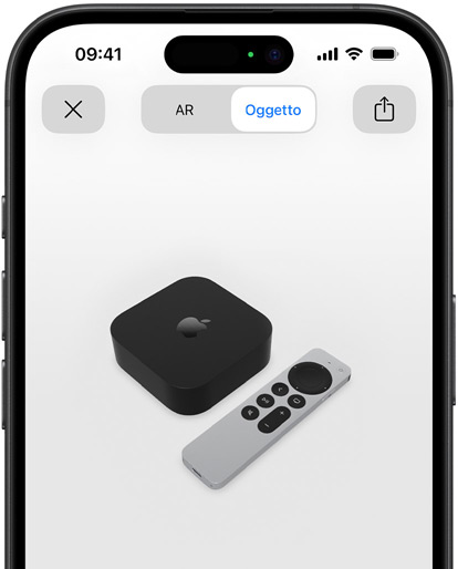 Una Apple TV 4K mostrata in realtà aumentata sul display di iPhone.