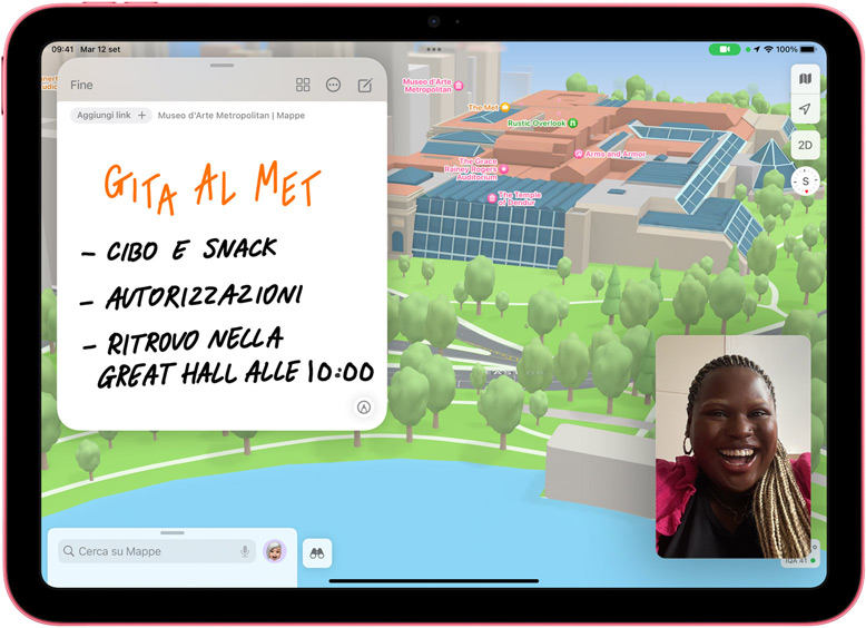 Schermata di Mappe su iPad con una Nota rapida e una miniatura di FaceTime.