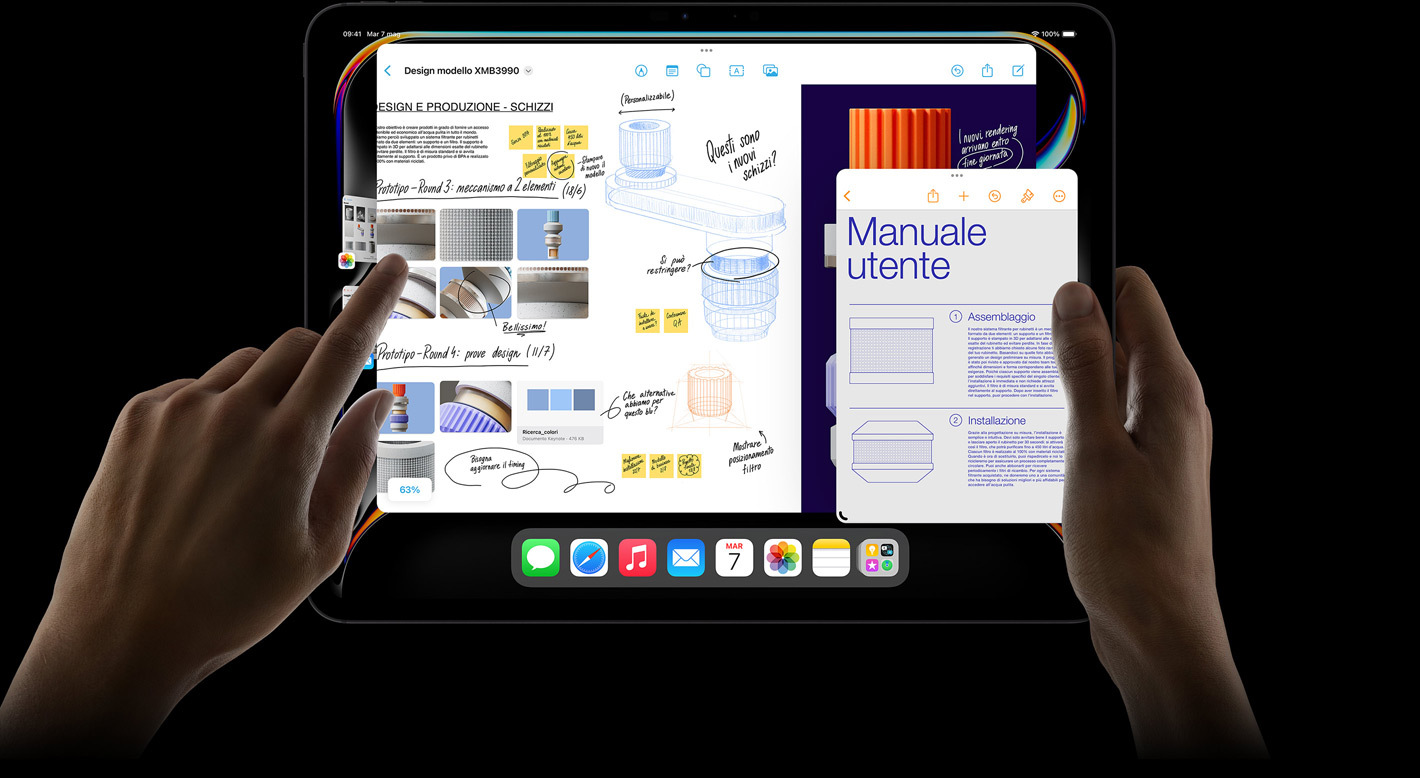 Un iPad Pro in orizzontale, il display mostra che l’utente sta passando da un’app all’altra