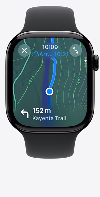 Un Apple Watch Series 10 visto di fronte che mostra la mappa di un sentiero di trekking.