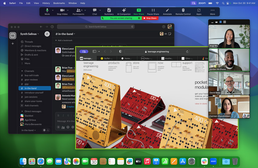 M3 칩 탑재 MacBook Pro에서 Zoom 미팅을 진행하는 모습. 사용자가 화면 공유 기능으로 Teenage Engineering이라는 회사의 웹사이트를 보여주고 있고, 해당 웹사이트에는 모듈식 신디사이저 장비 이미지가 표시되어 있습니다. 그 뒤로 Synth Salinas라는 이름의 Slack 채널 창이 열려 있는 것이 보입니다.