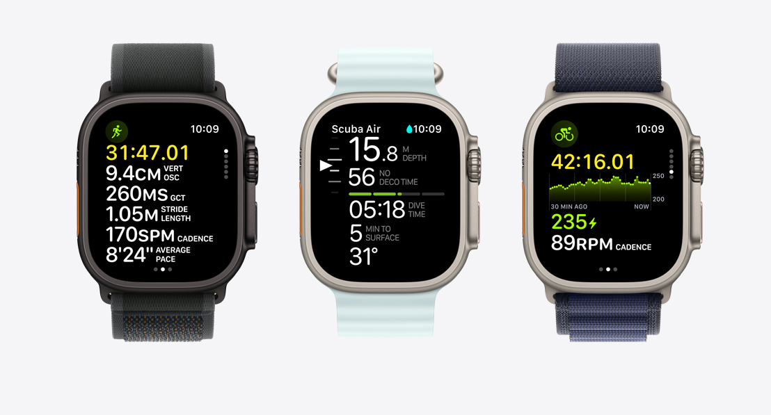 Three Apple Watch Ultra 2 showing fitness metrics. One for running, one for scuba, and one for cycling.