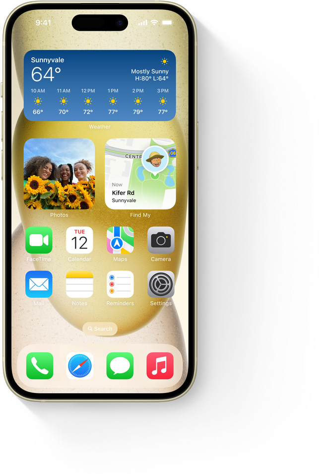 „iPhone 15“ su „Super Retina“ XDR ekranu, kuriame programoje „Weather“ rodoma saulėta diena