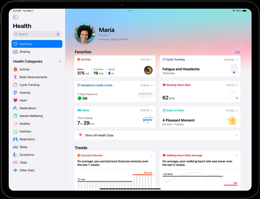iPad Pro horizontālā novietojumā, ekrānā redzams lietotāja Health aplikācijas kopsavilkums