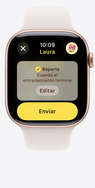 Pantalla de un Apple Watch Series 10 con un Reporte a enviar desde un entrenamiento. 