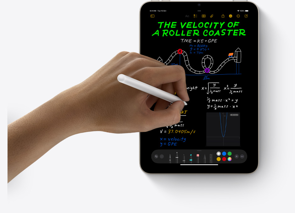 iPad mini in portrait view with a user’s hand using Apple Pencil Pro with Maths Notes.