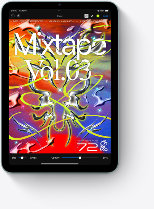 iPad mini shown in portrait view displaying a colourful Pixelmator screen.