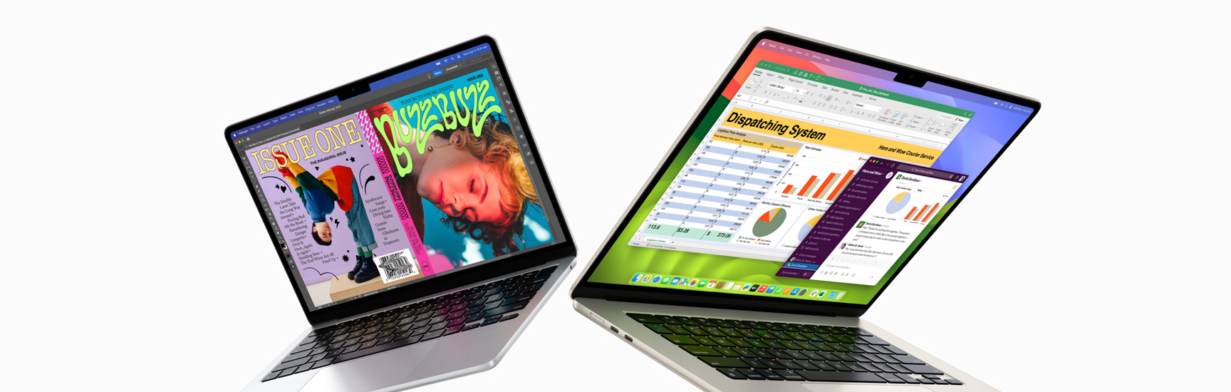 Partially open 13-inch MacBook Air on left and 15-inch MacBook Air on right. 13-inch screen shows colorful ‘zine cover created with In Design. 15-inch screen shows Microsoft Excel and Slack.