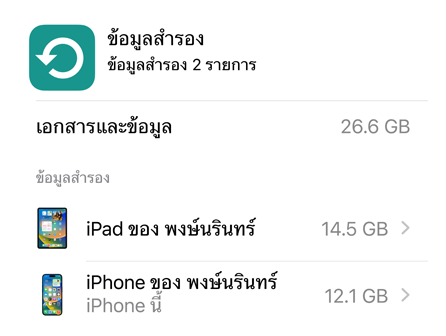 หน้าจอแสดงปริมาณข้อมูลที่ใช้ของข้อมูลสำรอง iCloud