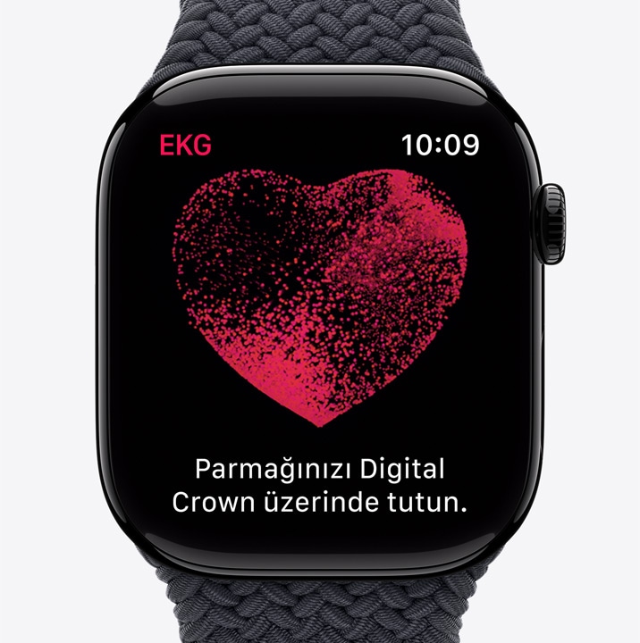 Apple Watch Series 10’daki EKG uygulaması ekranında dalga formu ve 24. saniyedeki bir geri sayım sayacı gösteriliyor.