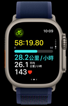 Apple Watch Ultra 2 展示使用者的騎行速度。