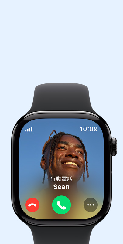 Apple Watch Series 10 顯示有一通來電。點按加號按鈕查看連線功能的更多資訊。