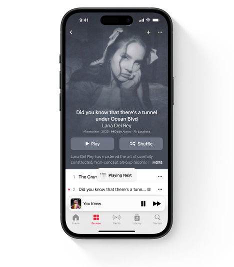 iPhone showing Apple Music UI featuring Lana Del Rey