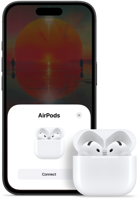 Отворена кутия зарядно с AirPods 4 вътре, до iPhone, показващ, че AirPods 4 вече са свързани.