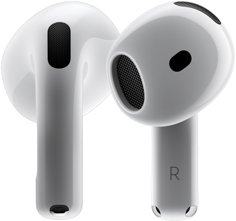 Două căști AirPods 4 se rotesc una în jurul celeilalte și se opresc în unghiuri diferite.