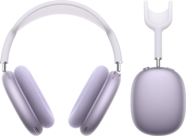 Un paio di cuffie AirPods Max viola viste di fronte e di lato