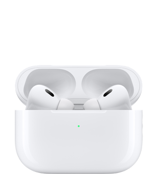 Căștile AirPods în interiorul carcasei de încărcare, cu capacul deschis.