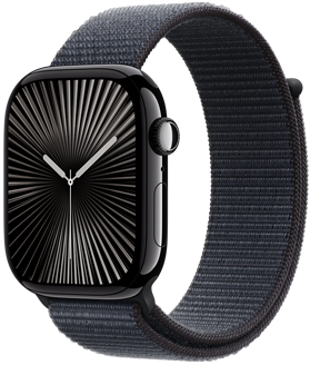 Un Apple Watch Series 10 deasupra mostrelor de finisaje disponibile: aluminiu Negru diamant, aluminiu Argintiu, aluminiu Roz auriu, titan Natural, titan Gri ardezie și titan Auriu.