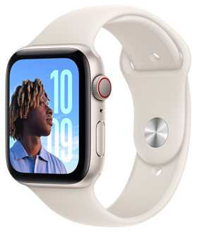 Un Apple Watch SE deasupra mostrelor de finisaje disponibile: aluminiu Miezul nopții, aluminiu Strălucire stelară și aluminiu Argintiu.