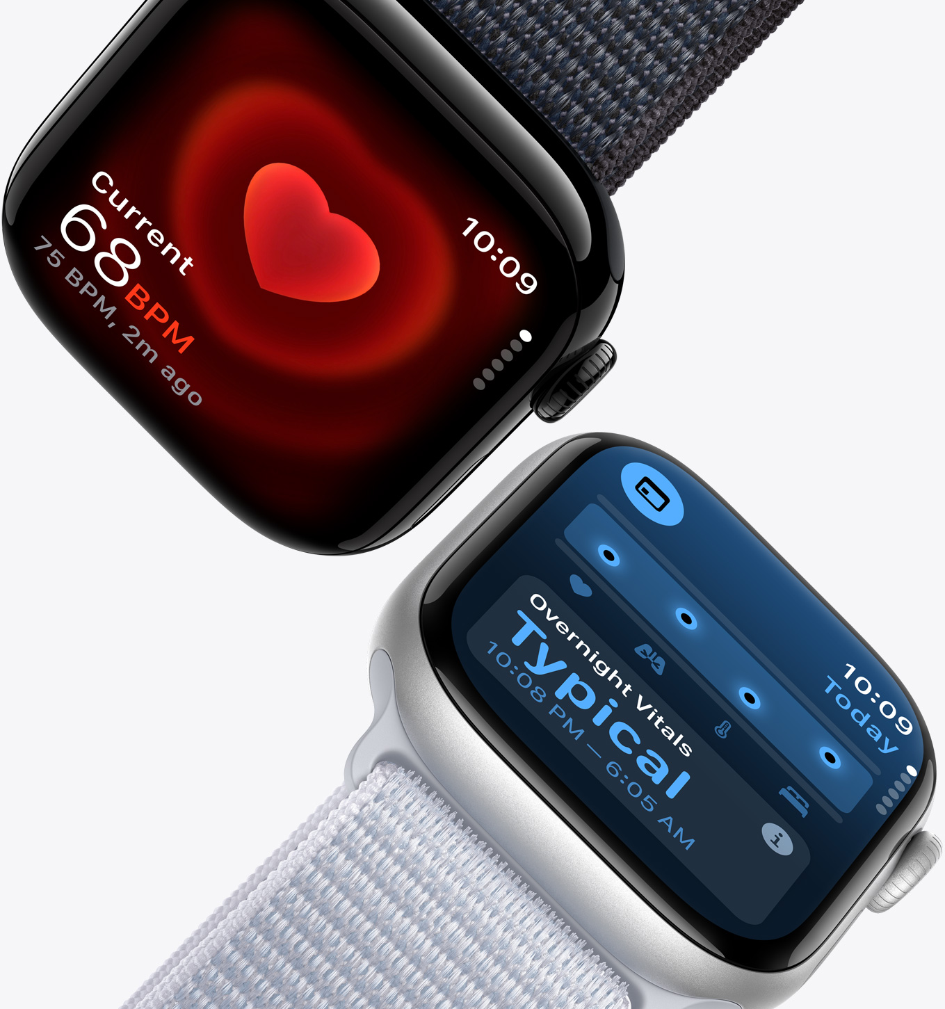 Aplicația Ritm cardiac afișează o măsurătoare de 68 pentru puls pe un Apple Watch Series 10 și aplicația Semne vitale afișează datele vitale tipice pe timpul nopții pe un Apple Watch Series 10.