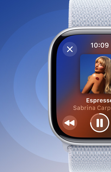 A song being played through the Music app on Apple Watch Series 10 to illustrate that you can play audio through the speaker.