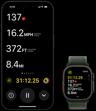 Live Activity showing a person’s biking metrics on both their Apple Watch Ultra 2 and their iPhone.