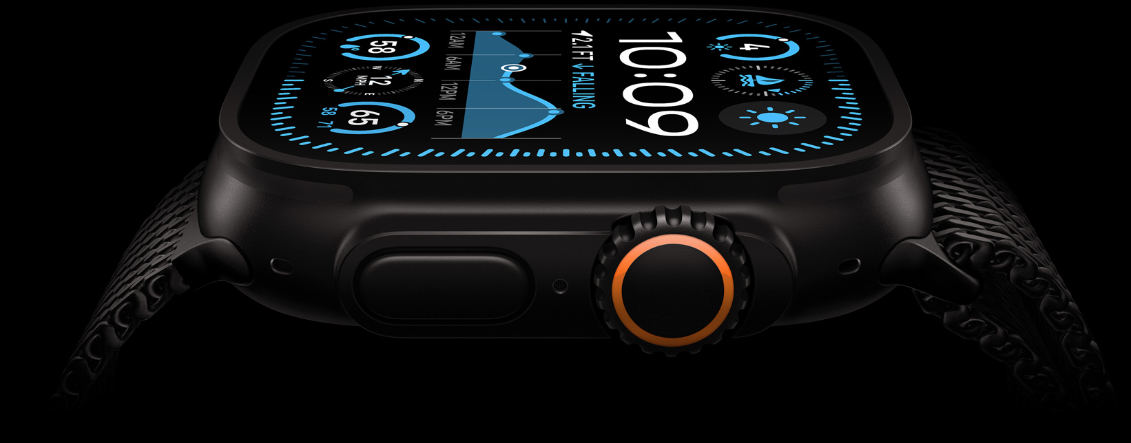 Apple Watch Ultra 2 screen, with a Black Titanium case, displaying the time and temperature.