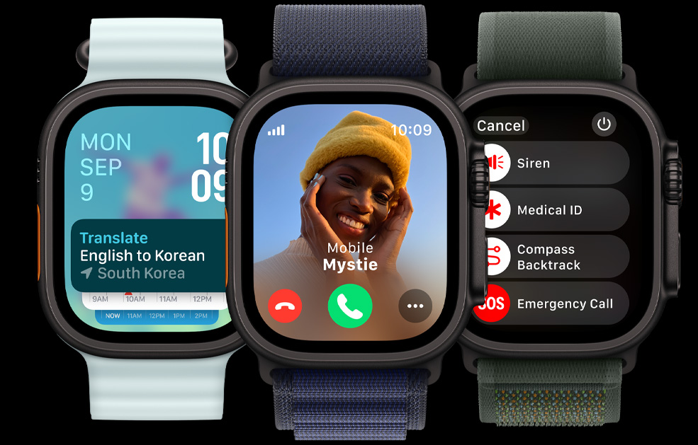 Three Apple Watch Ultra displays. One with the Translate app. Another with an incoming call. And the last with Siren, Medical ID, Backtrack and Emergency call icons.