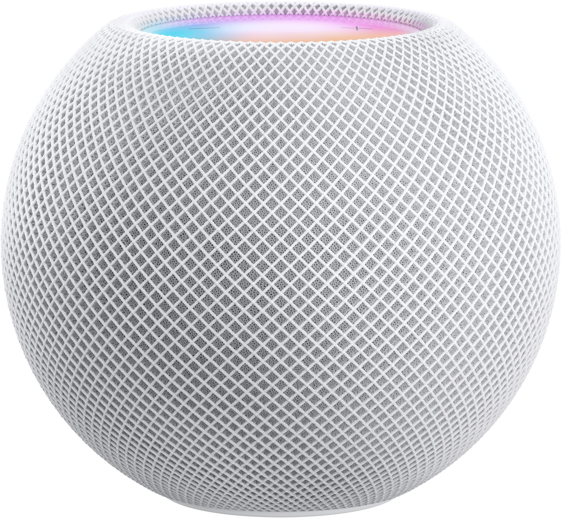 Der HomePod mini in Weiß, dessen bunte Oberseite gerade noch sichtbar ist.